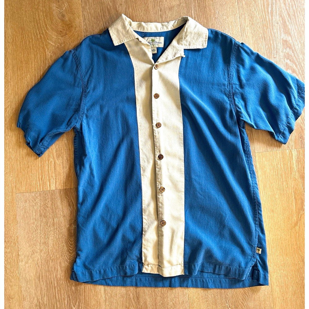 VTG Island Shores Men's Silk Woven Colorblock Bowling Blue ButtonUp Blue Shirt M